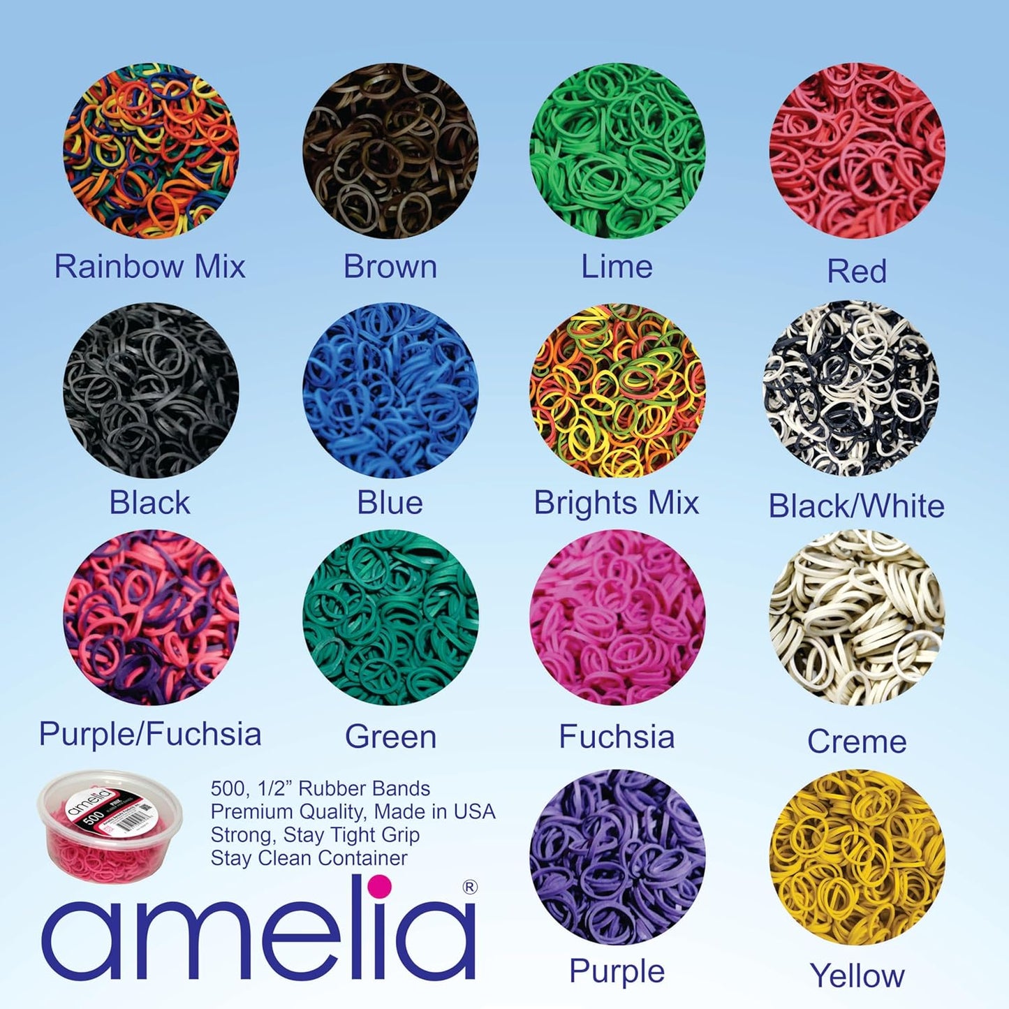 Amelia Beauty | 500 Count 1/2" Rubber Bands | Premium US Made Rubber Hair Ties | Ideal for Ponytails, Braids & Beards | Strong All Day Hold | Convenient Re-Closable Container | Black
