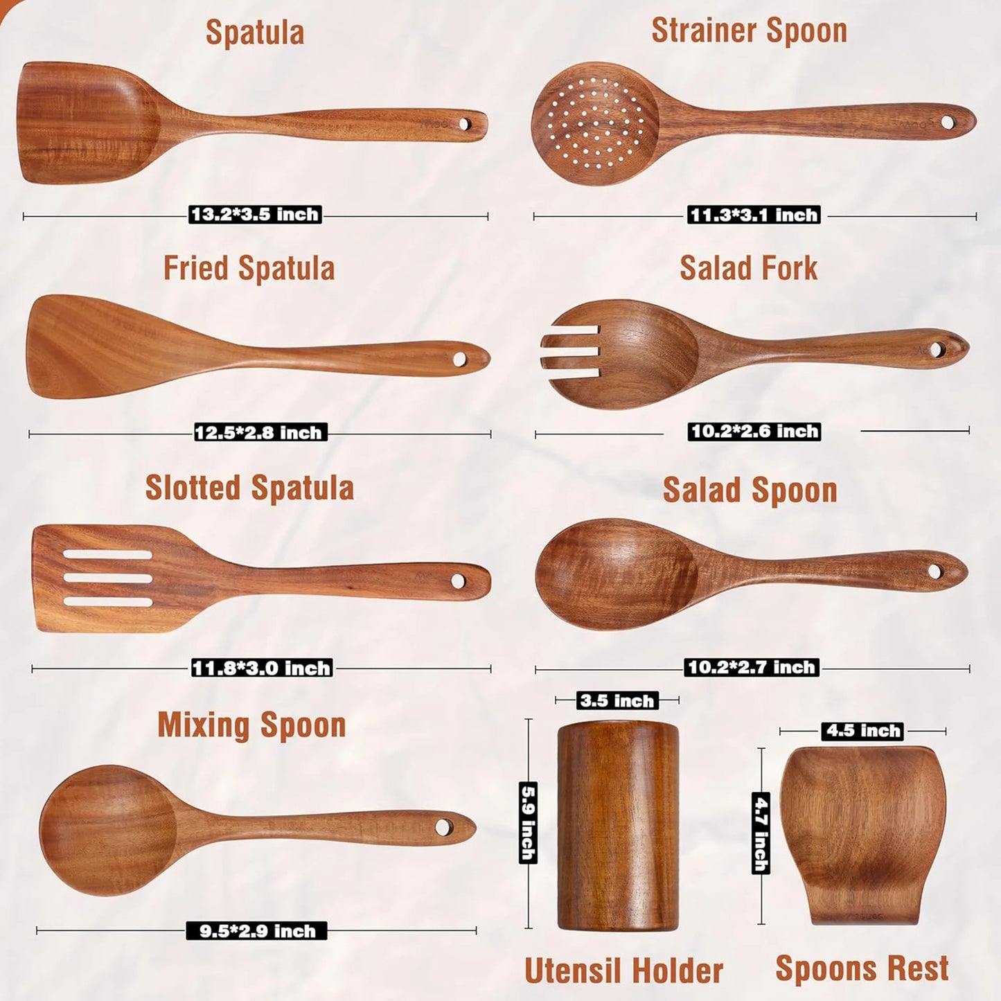 Wooden Spoons for Cooking, 9 Pcs Natural Teak Kitchen Utensil Set with Utensils Holder & Spoon Rest, Wooden Cooking Utensils for Nonstick Pans & Cookware