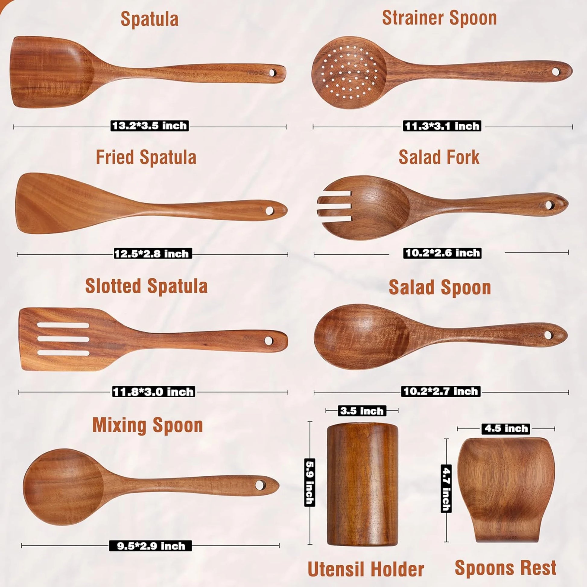 Wooden Spoons for Cooking, 9 Pcs Natural Teak Kitchen Utensil Set with Utensils Holder & Spoon Rest, Wooden Cooking Utensils for Nonstick Pans & Cookware