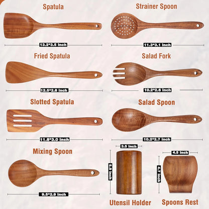 Wooden Spoons for Cooking, 9 Pcs Natural Teak Kitchen Utensil Set with Utensils Holder & Spoon Rest, Wooden Cooking Utensils for Nonstick Pans & Cookware