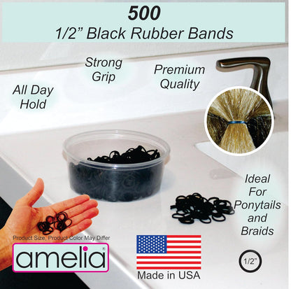Amelia Beauty | 500 Count 1/2" Rubber Bands | Premium US Made Rubber Hair Ties | Ideal for Ponytails, Braids & Beards | Strong All Day Hold | Convenient Re-Closable Container | Black